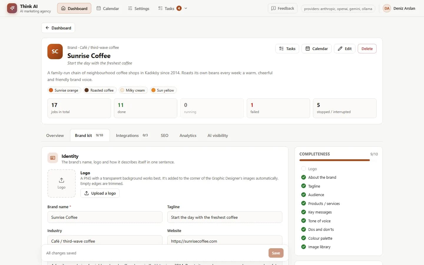 Brand kit page: logo, colour palette, tone of voice and audience fields