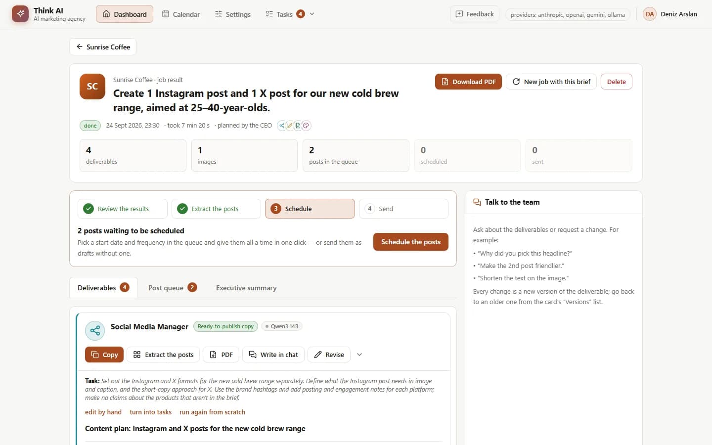 A campaign’s result page: the team’s deliverables, generated images and ready-to-publish copy