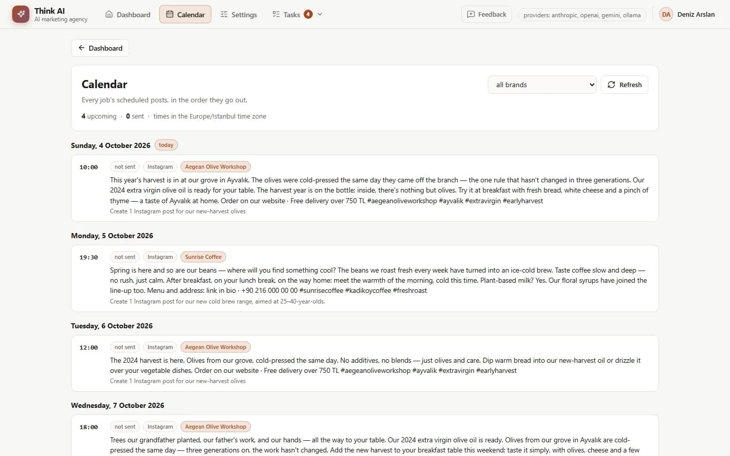 Publishing calendar: social media posts scheduled by day